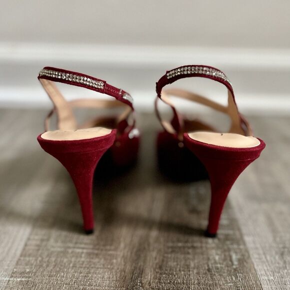 Anne Klein Red Sling Back Pointy Toe Suede Glitsy Heels Sz 7.5M Runs Small - Picture 6 of 10